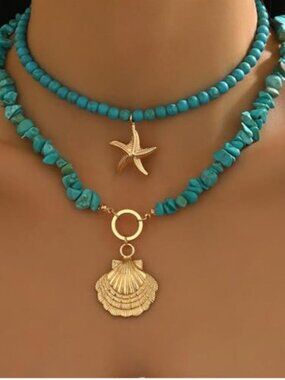 Boho Turquoise Beaded Starfish Necklace Mermaid Shell Pearl Statement Jewelry
